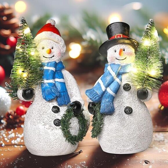Duo 5'' Resin Snowman Figurines with Lighted Christmas Tree Wreath Decorations - Picture 1 of 5